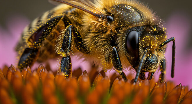 Macro Shot of a Bee Pollinating a Bright Coneflower, Highlighting the Insect’s Hairy Texture and Delicate Wing Structure