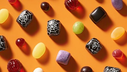 Assorted Halloween-themed candies in various shapes and colors arranged on an orange background
