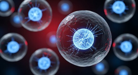 Microscopic view of glowing blue biological cells with intricate internal structures against a dark, deep red background