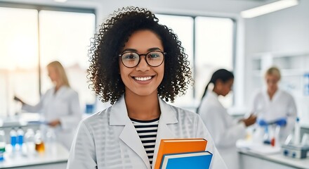 Smiling Female African American Scientist in Lab Coat Holding Books in a Bright Laboratory