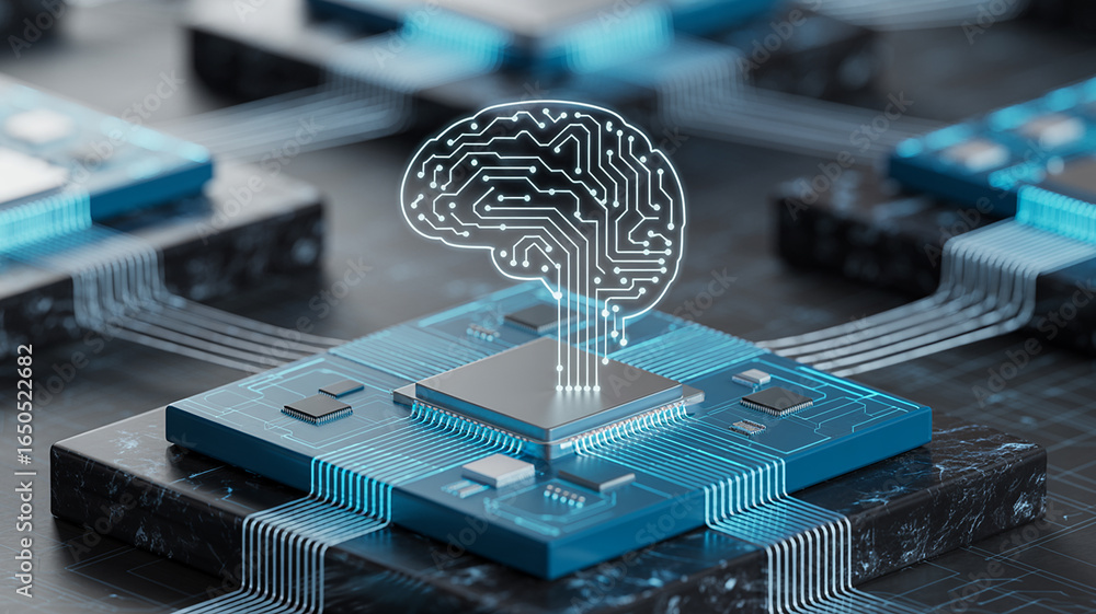 Poster human brain floating above an integrated circuit with multiple chipsets