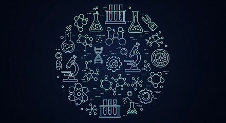 Elegant circular pattern of glowing blue outline icons representing biotechnology, chemistry, and research on a dark background.
