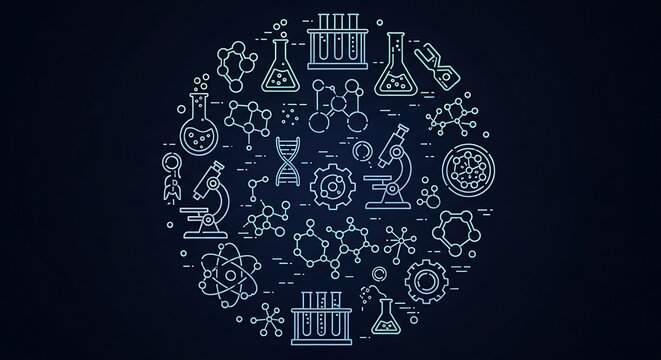 Elegant circular pattern of glowing blue outline icons representing biotechnology, chemistry, and research on a dark background. - Powered by Adobe