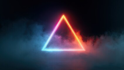 Neon triangle shape, vibrant colors, smoky background