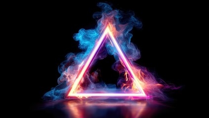 Neon triangle frame, vibrant colors, smoke, reflections