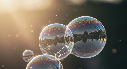 Colorful soap bubbles floating outdoors in sunlight with reflections of trees and sky on their surfaces during a bright sunny day in a natural setting