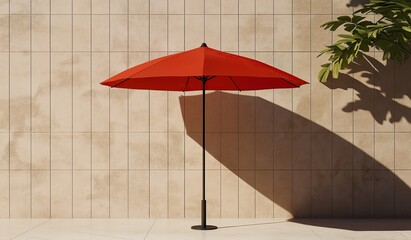 Modern red umbrella with sleek minimalist design contrasted against a neutral beige outdoor wall, highlight its vibrant color and clean silhouette, ideal for high-end branding applications