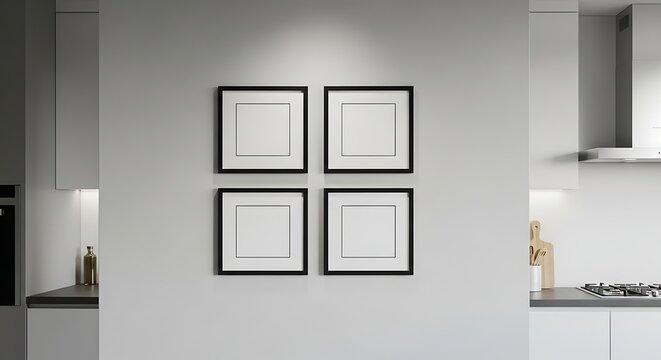 Four square frames with white mats hang on a gray wall in a modern kitchen setting, illuminated by overhead lighting. - Powered by Adobe