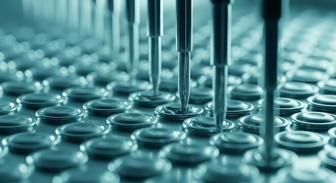 Precision automated robotic pipetting system precisely dispensing liquids into a large array of wells in a sterile laboratory.