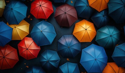 vibrant umbrellas in a dynamic arrangement with blue, red, orange, and yellow hues against a dark background, showcasing a colorful and artistic pattern inspired by rain and stormy weather diversity