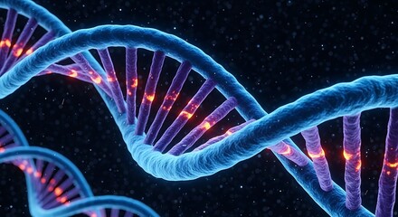 Vibrant blue DNA double helix with glowing orange base pairs on a dark scientific background.