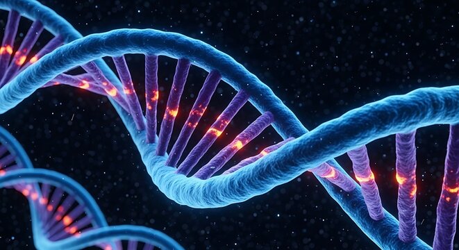 Vibrant blue DNA double helix with glowing orange base pairs on a dark scientific background.