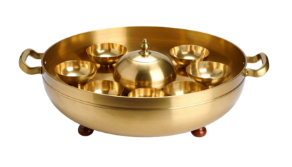 Korean high quality brass tableware on the transparent background. Set of traditional Korean brass ancestral rites.