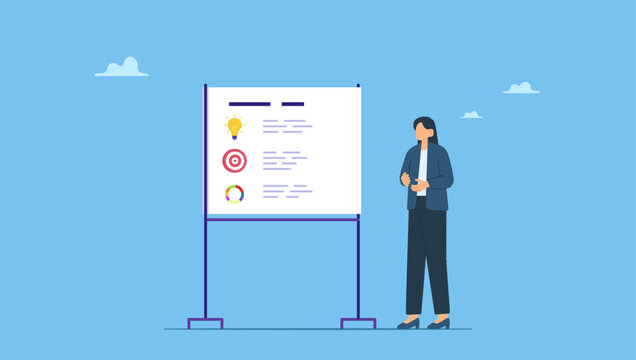 Businesswoman present project brief on meeting room whiteboard. Project briefing, design summary or brief document presentation, business goal strategy or workflow development details, planning.