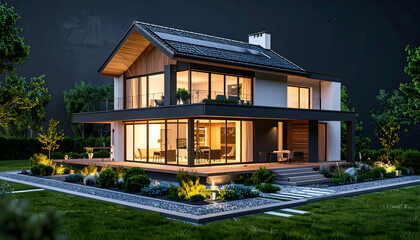 Fototapeta premium Modern Two Story Residential Home Exterior at Night with Lit Interior and Landscaped Garden View