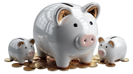 Savings Growth: A trio of ceramic piggy banks, representing generations of savings, sit surrounded by a golden shower of coins, symbolizing the growth of investments and financial prosperity.