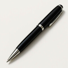 A classic black ballpoint pen with silver accents, isolated on a clean white background, high-resolution photo with soft shadows
