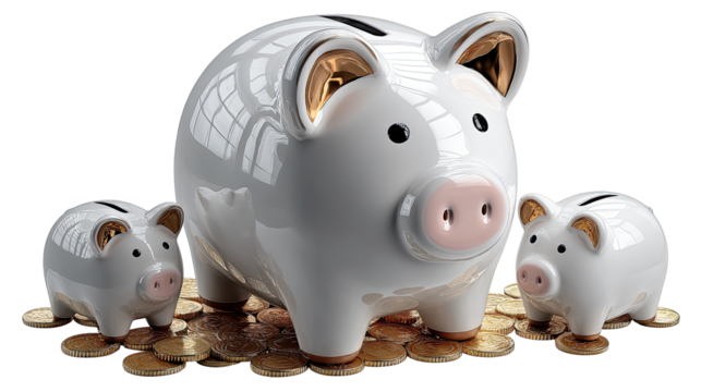 Savings Growth: A trio of ceramic piggy banks, representing generations of savings, sit surrounded by a golden shower of coins, symbolizing the growth of investments and financial prosperity.