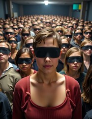Obraz premium A large group of people wearing black blindfolds stand close together in a spacious hall, conveying a sense of ignorance or social criticism.