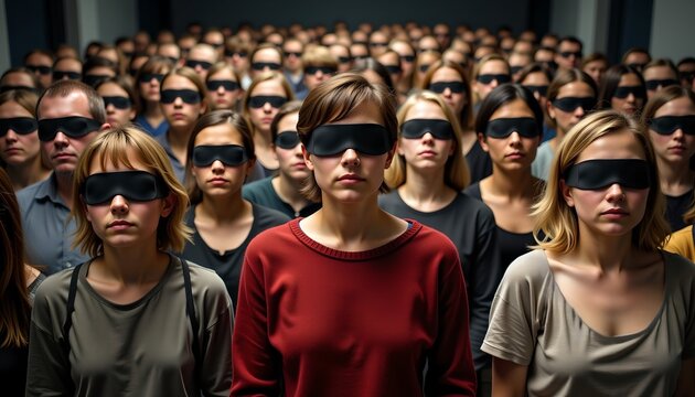 Name
A large group of people wearing blindfolds stand close together in a spacious hall, suggesting a sense of closure or social criticism.