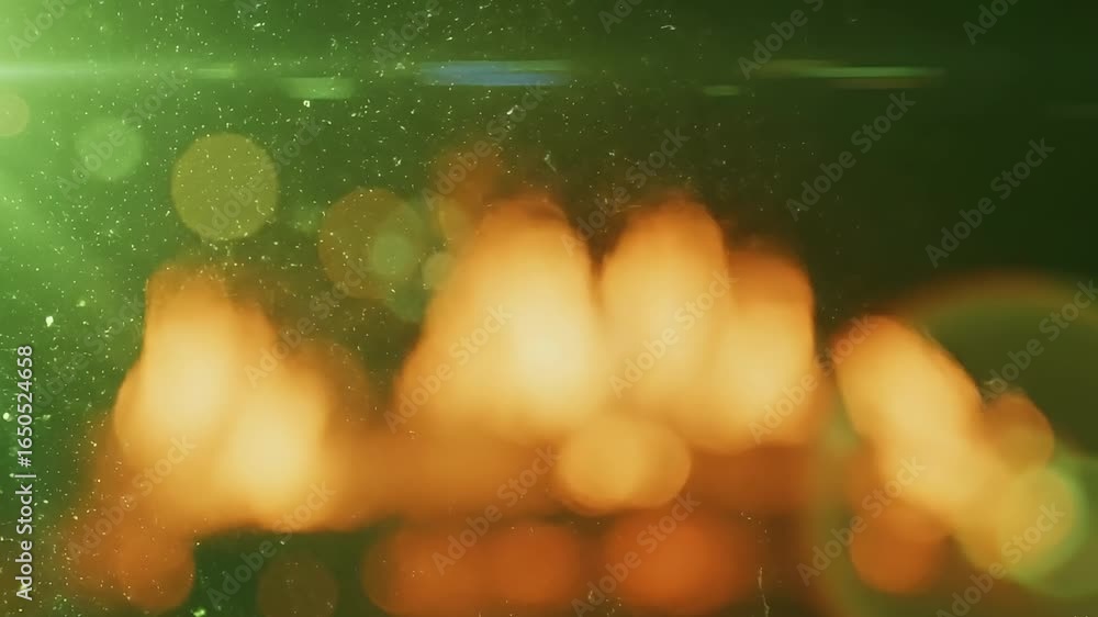 Poster blurred amber shapes on a green background with bokeh and a lens flare