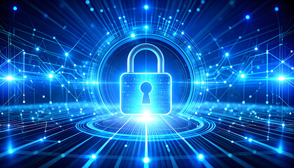 Digital Security Concept with Illuminated Padlock Over Circuit Board Pattern in Blue Lighting