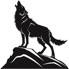 Fierce black wolf silhouette standing on a rocky cliff, head lifted in a majestic howl, detailed sharp fur edges, strong stance, high-contrast minimalist vector style, clean lines, centered compositio