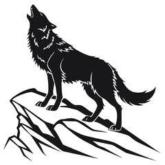 Fierce black wolf silhouette standing on a rocky cliff, head lifted in a majestic howl, detailed sharp fur edges, strong stance, high-contrast minimalist vector style, clean lines, centered compositio