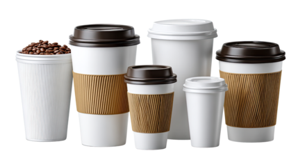 Coffee Cups Array: A diverse array of coffee cups stands together, each holding the promise of a warm drink or a revitalizing pick-me-up for the day. Different sizes, some with lids and sleeves.