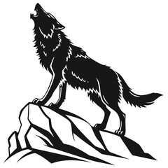 Fierce black wolf silhouette standing on a rocky cliff, head lifted in a majestic howl, detailed sharp fur edges, strong stance, high-contrast minimalist vector style, clean lines, centered compositio