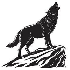 Fierce black wolf silhouette standing on a rocky cliff, head lifted in a majestic howl, detailed sharp fur edges, strong stance, high-contrast minimalist vector style, clean lines, centered compositio