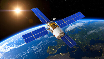 Obraz premium Satellite in Space Orbiting Earth with Sun Flare and Illuminated Continents Showing Night Lights