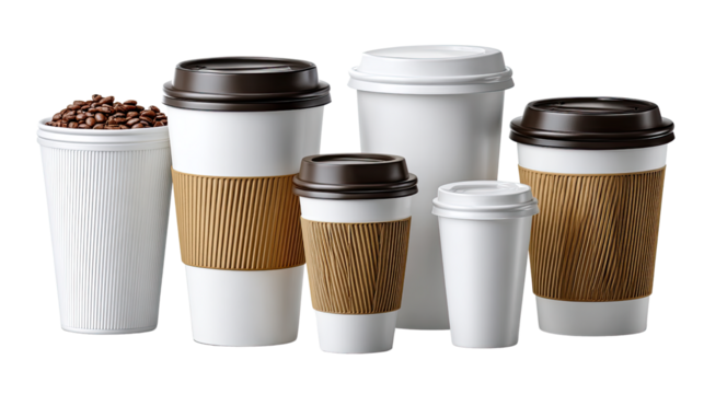 Coffee Cups Array: A diverse array of coffee cups stands together, each holding the promise of a warm drink or a revitalizing pick-me-up for the day. Different sizes, some with lids and sleeves.