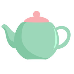 Flat vector illustration of a green teapot with round body and handle, simple design, isolated on white background.