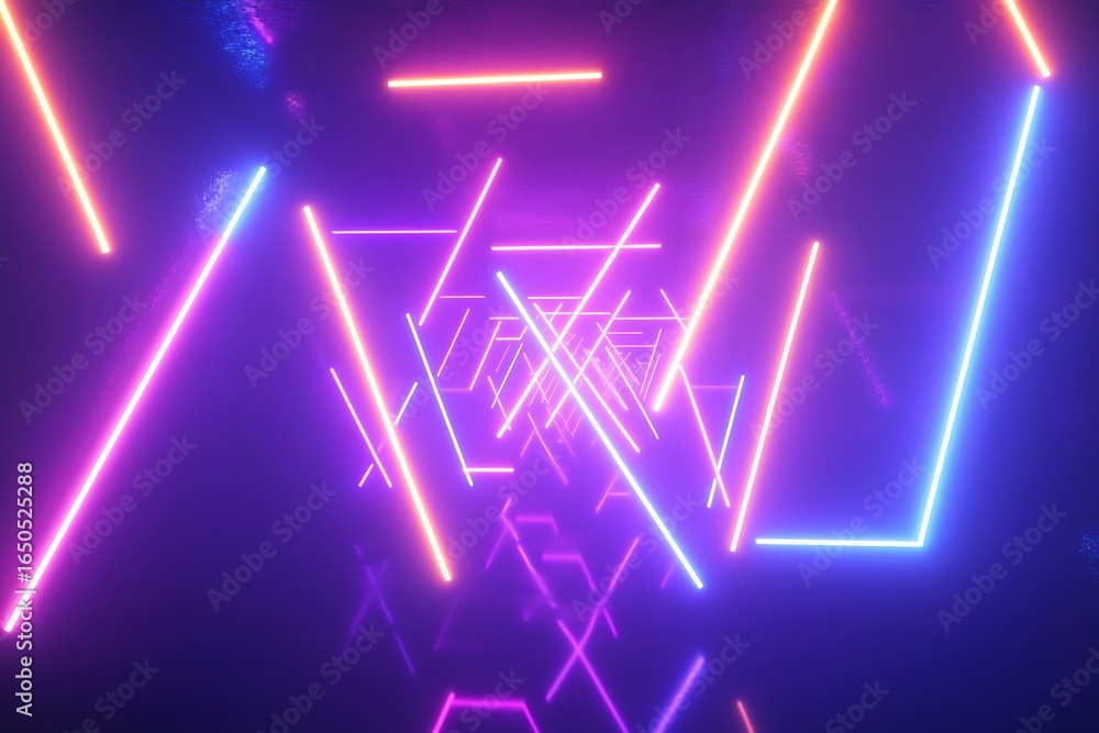 Poster vibrant neon light triangles in an empty dark room, creating dynamic and futuristic visual effects w