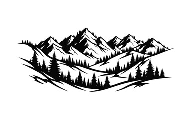 Mountain landscape with pine trees isolated on white background, a scenic view of natures beauty for outdoor adventure and travel tourism