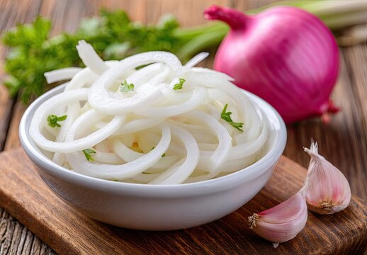 Sliced white onions in a bowl, fresh herbs, red onion