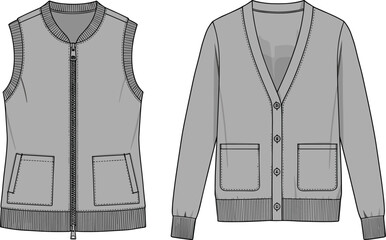 Naklejka premium Women's Sleeveless Bomber Vest and V-Neck Cardigan Set, Fashion Technical Flat Sketch, Apparel Design CAD, Casual Knitwear