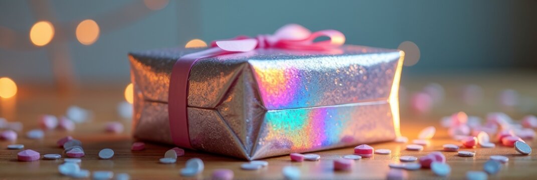 Iridescent gift box with pink ribbon and heart confetti on wooden table - Powered by Adobe