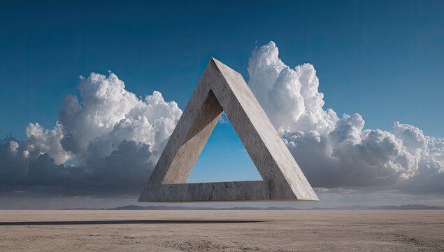Large, light-gray, triangular concrete form floats over a vast, light-tan desert landscape under a vibrant blue sky with large white clouds