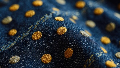 Close-up of denim fabric with embroidered gold and silver polka dots