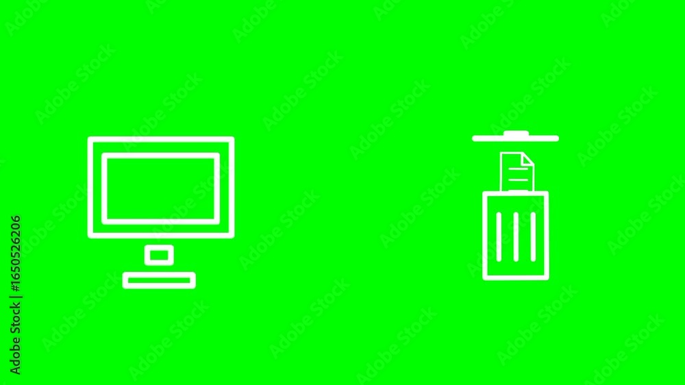 Poster deleting file animation with white outline icon on green screen. floating document from computer to 