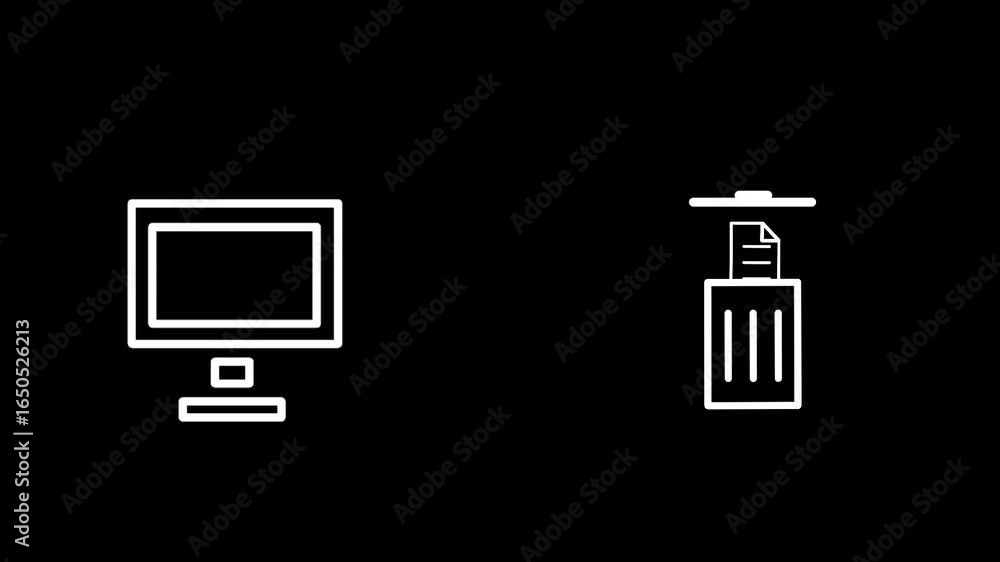 Poster deleting file animation with white outline icon. floating document from computer to trash bin. clean