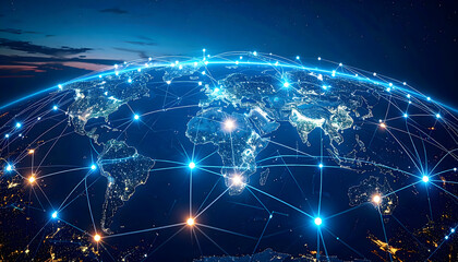 Digital Globe Depicting Network Connections And Global Data Transmission With Illuminated City Lights Against Dark Blue Background