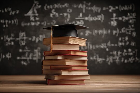 Stack of books with graduation cap, mathematical equations on chalkboard