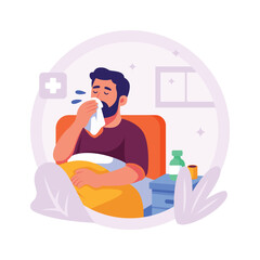 A flat illustration of a man experiencing a cold, sitting in bed and blowing his nose.