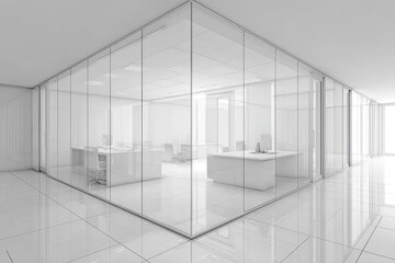 Modern, minimalist office interior, viewed through large glass walls.  Clean lines, bright, and spacious