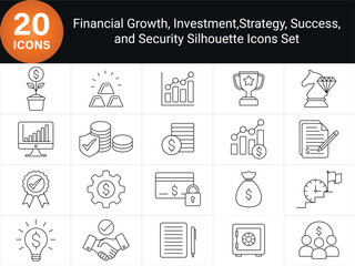 Finance and investment icons. line icons depicting financial success, growth, investment, strategy, 
wealth, and achievement. Includes graphs, money, security