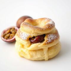 Fluffy baked good with passionfruit filling and powdered sugar against a white background