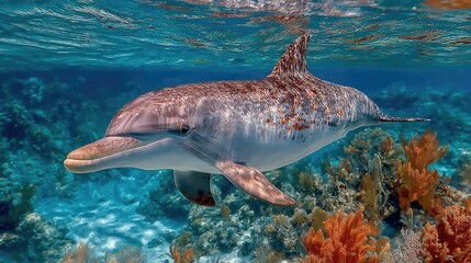 Fototapeta premium Dolphin swimming above coral reef, blue ocean and water surface view. Ideal for marine life projects or ocean conservation awareness.